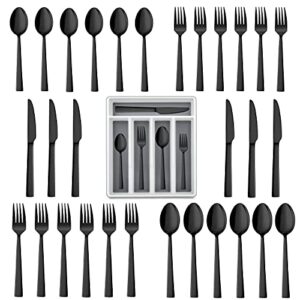 lianyu 20-piece black silverware set with tray, stainless steel square flatware cutlery set for 4, black eating utensils for home restaurant, dishwasher safe, mirror finished