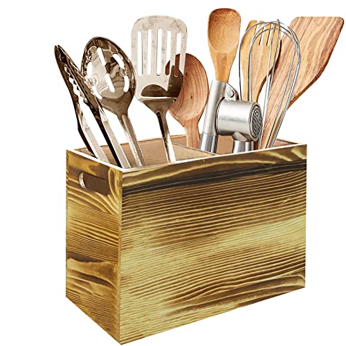 Amrta Kitchen Utensil Holder for Countertop Large Wood Cooking Utensils Organizer with 2 3 Compartments, Organization Wooden Tools Caddy for Counter (Nautral 2 Compartments)