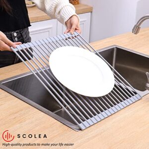 SCOLEA Roll Up Dish Drying Rack Over The Sink, Medium 17.1”x13.1” Heavy Duty, Multipurpose Roll-Up Foldable Silicone Coated Collapsible Drainer for Kitchen Sink (Warm Gray, Medium 17.1”x13.1”)