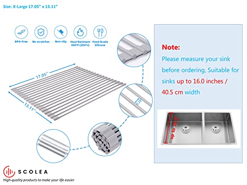 SCOLEA Roll Up Dish Drying Rack Over The Sink, Medium 17.1”x13.1” Heavy Duty, Multipurpose Roll-Up Foldable Silicone Coated Collapsible Drainer for Kitchen Sink (Warm Gray, Medium 17.1”x13.1”)