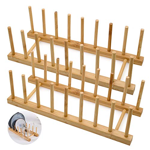 LZYMSZ Set of 2 Bamboo Wooden Dish Rack, Plate Rack Stand Pot Lid Holder, Kitchen Cabinet Organizer for Bowl, Cup, Cutting Board and More