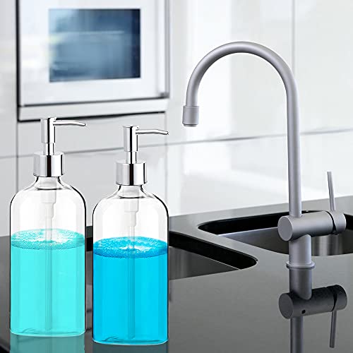 Clear Soap Dispenser with Rust Proof Pump, Waterproof Labels (2 Pack,16 Oz), Soap Dispenser Bathroom, Plastic Hand Soap Dispenser Dish Soap Dispenser for Kitchen, Premium Thick Soap Pump Bottles