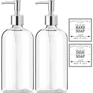 Clear Soap Dispenser with Rust Proof Pump, Waterproof Labels (2 Pack,16 Oz), Soap Dispenser Bathroom, Plastic Hand Soap Dispenser Dish Soap Dispenser for Kitchen, Premium Thick Soap Pump Bottles