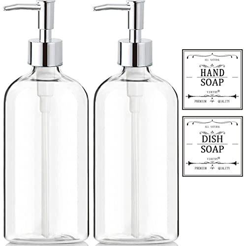 Clear Soap Dispenser with Rust Proof Pump, Waterproof Labels (2 Pack,16 Oz), Soap Dispenser Bathroom, Plastic Hand Soap Dispenser Dish Soap Dispenser for Kitchen, Premium Thick Soap Pump Bottles