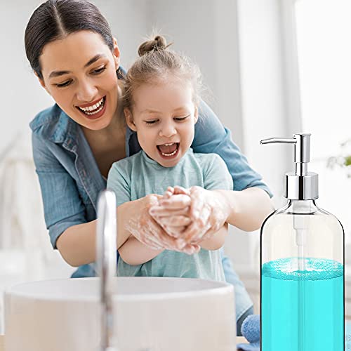 Clear Soap Dispenser with Rust Proof Pump, Waterproof Labels (2 Pack,16 Oz), Soap Dispenser Bathroom, Plastic Hand Soap Dispenser Dish Soap Dispenser for Kitchen, Premium Thick Soap Pump Bottles