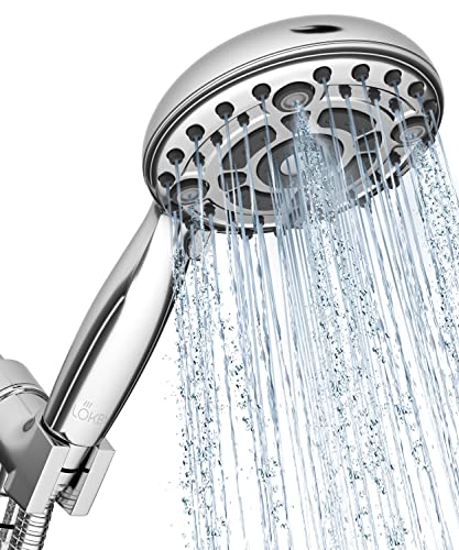 LOKBY 5″ High Pressure Handheld Shower Head 6-setting - High Flow Even with Low Water Pressure - Hand Held Showerhead Set with 59″ Stainless Steel Hose, Teflon Tape, Rubber Washers, Bracket