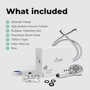 LOKBY 5″ High Pressure Handheld Shower Head 6-setting - High Flow Even with Low Water Pressure - Hand Held Showerhead Set with 59″ Stainless Steel Hose, Teflon Tape, Rubber Washers, Bracket