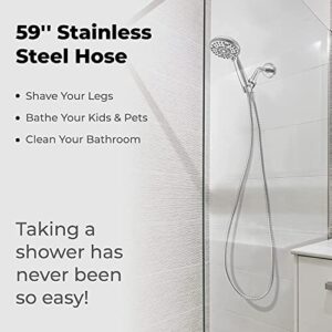 LOKBY 5″ High Pressure Handheld Shower Head 6-setting - High Flow Even with Low Water Pressure - Hand Held Showerhead Set with 59″ Stainless Steel Hose, Teflon Tape, Rubber Washers, Bracket