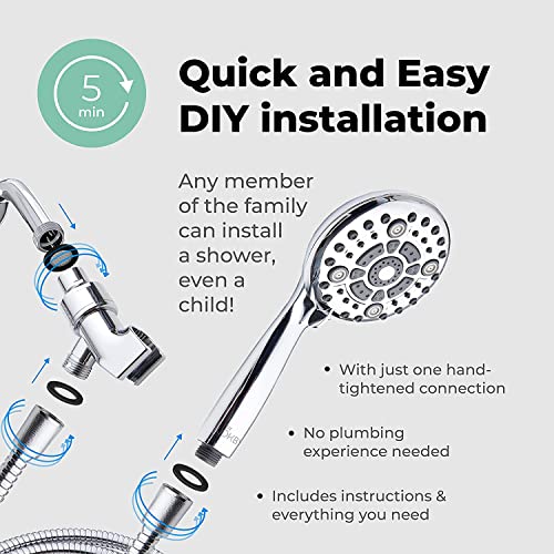 LOKBY 5″ High Pressure Handheld Shower Head 6-setting - High Flow Even with Low Water Pressure - Hand Held Showerhead Set with 59″ Stainless Steel Hose, Teflon Tape, Rubber Washers, Bracket