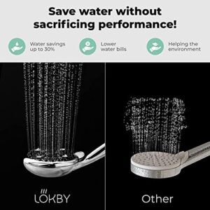 LOKBY 5″ High Pressure Handheld Shower Head 6-setting - High Flow Even with Low Water Pressure - Hand Held Showerhead Set with 59″ Stainless Steel Hose, Teflon Tape, Rubber Washers, Bracket