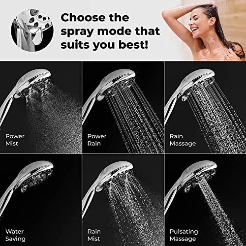 LOKBY 5″ High Pressure Handheld Shower Head 6-setting - High Flow Even with Low Water Pressure - Hand Held Showerhead Set with 59″ Stainless Steel Hose, Teflon Tape, Rubber Washers, Bracket