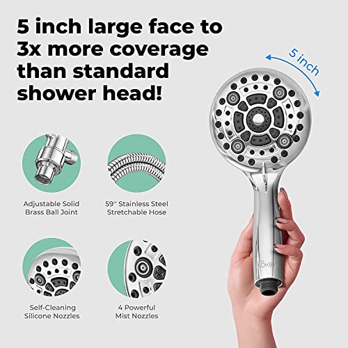 LOKBY 5″ High Pressure Handheld Shower Head 6-setting - High Flow Even with Low Water Pressure - Hand Held Showerhead Set with 59″ Stainless Steel Hose, Teflon Tape, Rubber Washers, Bracket