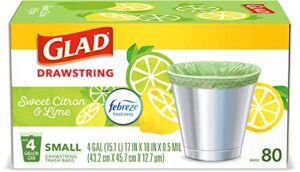 glad small kitchen drawstring trash bags – 4 gallon green trash bag febreze , sweet citron & lime, 80 count (package may vary)