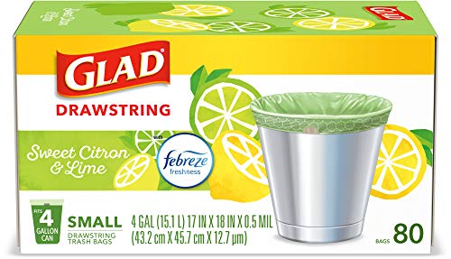 Glad Small Kitchen Drawstring Trash Bags – 4 Gallon Green Trash Bag Febreze , Sweet Citron & Lime, 80 Count (Package May Vary)