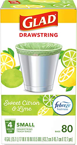 Glad Small Kitchen Drawstring Trash Bags – 4 Gallon Green Trash Bag Febreze , Sweet Citron & Lime, 80 Count (Package May Vary)