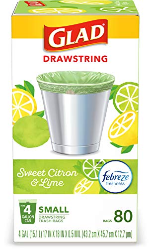 Glad Small Kitchen Drawstring Trash Bags – 4 Gallon Green Trash Bag Febreze , Sweet Citron & Lime, 80 Count (Package May Vary)