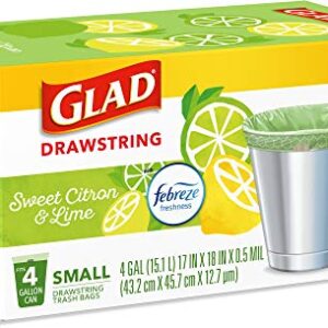 Glad Small Kitchen Drawstring Trash Bags – 4 Gallon Green Trash Bag Febreze , Sweet Citron & Lime, 80 Count (Package May Vary)