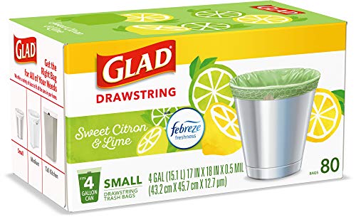 Glad Small Kitchen Drawstring Trash Bags – 4 Gallon Green Trash Bag Febreze , Sweet Citron & Lime, 80 Count (Package May Vary)