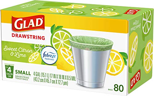 Glad Small Kitchen Drawstring Trash Bags – 4 Gallon Green Trash Bag Febreze , Sweet Citron & Lime, 80 Count (Package May Vary)