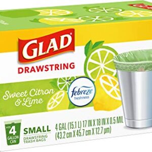 Glad Small Kitchen Drawstring Trash Bags – 4 Gallon Green Trash Bag Febreze , Sweet Citron & Lime, 80 Count (Package May Vary)