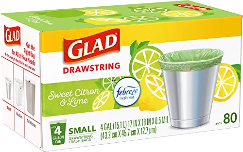 Glad Small Kitchen Drawstring Trash Bags – 4 Gallon Green Trash Bag Febreze , Sweet Citron & Lime, 80 Count (Package May Vary)