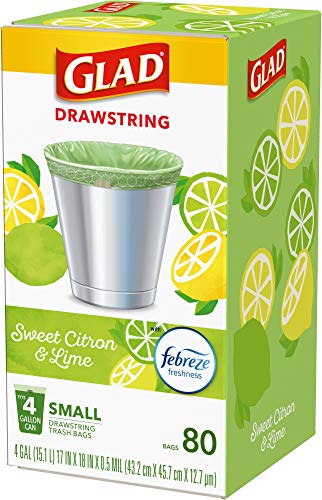 Glad Small Kitchen Drawstring Trash Bags – 4 Gallon Green Trash Bag Febreze , Sweet Citron & Lime, 80 Count (Package May Vary)