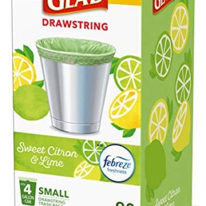 Glad Small Kitchen Drawstring Trash Bags – 4 Gallon Green Trash Bag Febreze , Sweet Citron & Lime, 80 Count (Package May Vary)