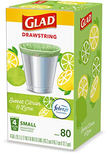 Glad Small Kitchen Drawstring Trash Bags – 4 Gallon Green Trash Bag Febreze , Sweet Citron & Lime, 80 Count (Package May Vary)