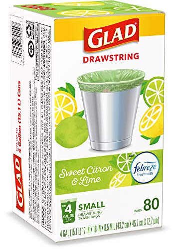 Glad Small Kitchen Drawstring Trash Bags – 4 Gallon Green Trash Bag Febreze , Sweet Citron & Lime, 80 Count (Package May Vary)