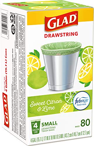 Glad Small Kitchen Drawstring Trash Bags – 4 Gallon Green Trash Bag Febreze , Sweet Citron & Lime, 80 Count (Package May Vary)