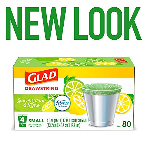 Glad Small Kitchen Drawstring Trash Bags – 4 Gallon Green Trash Bag Febreze , Sweet Citron & Lime, 80 Count (Package May Vary)