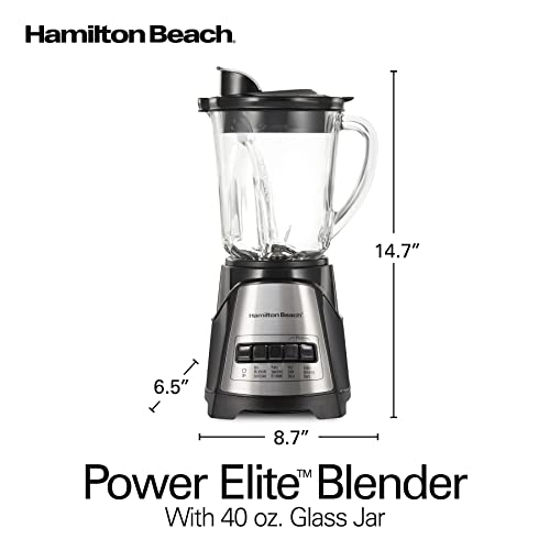 Hamilton Beach Power Elite Wave Action Blender-for Shakes and Smoothies, Puree, Crush Ice, 40 Oz Glass Jar, 12 Functions, Stainless Steel Ice Sabre-Blades, Black (58148A)