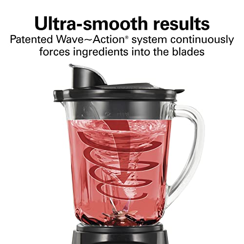 Hamilton Beach Power Elite Wave Action Blender-for Shakes and Smoothies, Puree, Crush Ice, 40 Oz Glass Jar, 12 Functions, Stainless Steel Ice Sabre-Blades, Black (58148A)