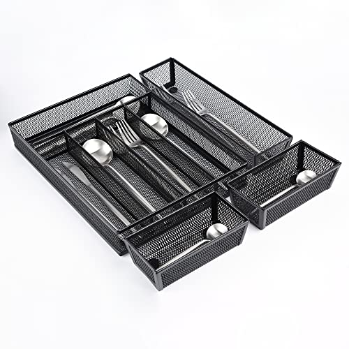 WuGeShop Kitchen Utensil Organizer,Cutlery Holder Organizer in Drawer for Flatware,Utensil Storage Flatware Tray with Anti-slip Mats(Black)