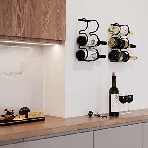 Wallniture Dijon Wine Rack Wall Mounted or Under Cabinet Organizer for 3 Liquor or Wine Bottles, Black Metal Wall Decor Set of 2