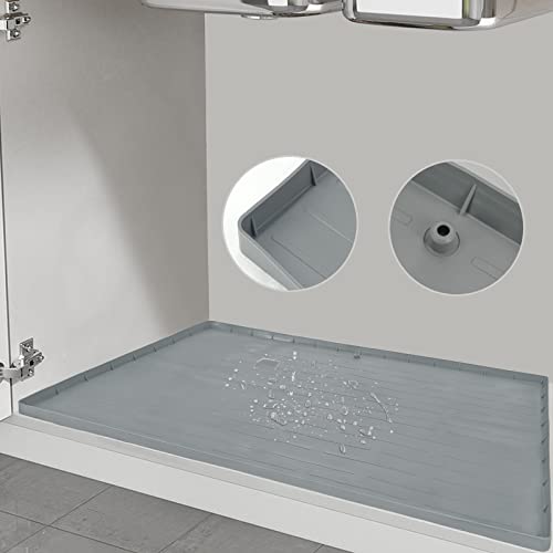 Under Sink Mat Waterproof Silicone Kitchen Cabinet Tray 34'' x 22'' Under Kitchen Sink Mats and Protectors with Drain Hole for Drips Leaks Spills in Kitchen Bathroom