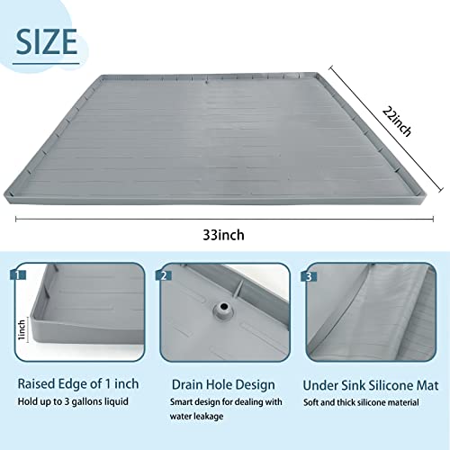 Under Sink Mat Waterproof Silicone Kitchen Cabinet Tray 34'' x 22'' Under Kitchen Sink Mats and Protectors with Drain Hole for Drips Leaks Spills in Kitchen Bathroom