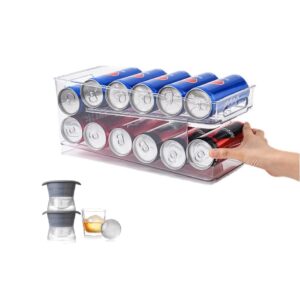 Soda Can Organizer for Refrigerator - Auto Rolling Can Dispenser Soda Can Holder Storage Organizer with Handle & 2 Ice Ball Molds