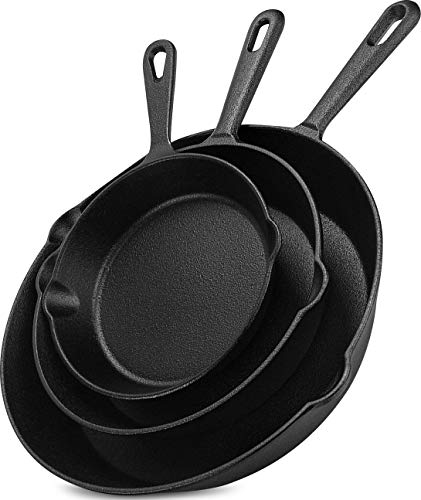 Utopia Kitchen Pre-Seasoned Cast Iron Skillet Set 3-Piece - 6 Inch, 8 Inch and 10 Inch Cast Iron Set (Black)