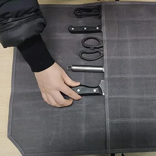 Waxed Canvas Cutlery Cover, Chef Knife Roll Pouch, Kitchen Cooking Tool Knife Holder Organizer, Foldable Multipurpose Travel Tool BBQ Tool Roll Pouch with 7 Slots, Grey, Waterproof