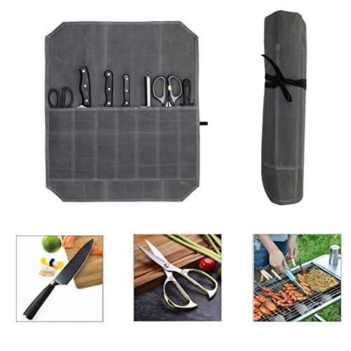 Waxed Canvas Cutlery Cover, Chef Knife Roll Pouch, Kitchen Cooking Tool Knife Holder Organizer, Foldable Multipurpose Travel Tool BBQ Tool Roll Pouch with 7 Slots, Grey, Waterproof