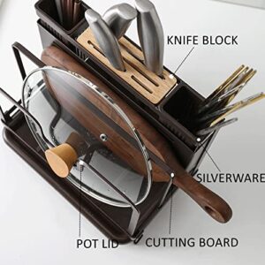 ZOOFOX Cutting Board Holder, 5 in 1 Metal Chopping Board Organizer Pan Pot Cover Lid Rack Stand with Utensil Knife Holder, Kitchen Organizer Rack for Cabinet and Countertop