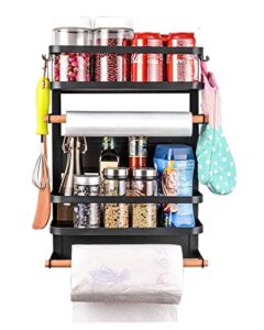 magnetic fridge organizer with 2 paper towel holder, large foldable strong magnetic spice rack with 5 removable hooks，magentic shelf hold up to 30lbs (black)