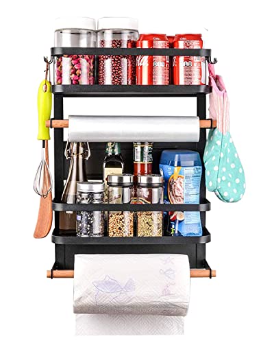 Magnetic Fridge Organizer with 2 Paper Towel Holder, Large Foldable Strong Magnetic Spice Rack with 5 Removable Hooks，Magentic Shelf Hold up to 30LBS (Black)