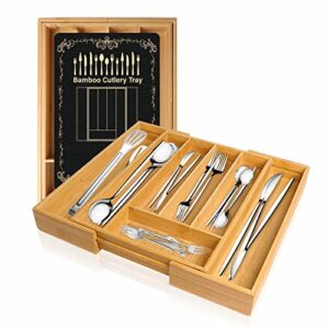 bamboo kitchen drawer organizer, expandable silverware tray and utensils holder, wooden cutlery tray with grooved divider for flatware spoon fork knives storage
