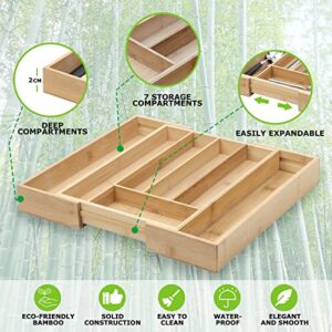 Bamboo Kitchen Drawer Organizer, Expandable Silverware Tray and Utensils Holder, Wooden Cutlery Tray with Grooved Divider for Flatware Spoon Fork Knives Storage