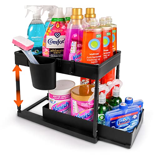 Cutting Ej Under Sink Organizer and Storage - 2 Tier Adjustable Height Kitchen, Bathroom, Pantry Storage & Organization Shelves - Pull Out Under Cabinet Organizer for Kitchen Cleaning Supplies, Black