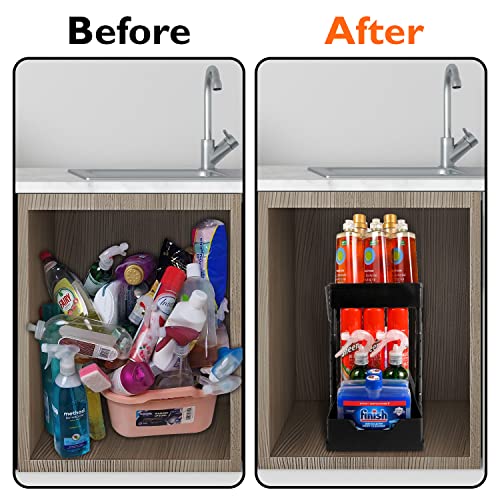 Cutting Ej Under Sink Organizer and Storage - 2 Tier Adjustable Height Kitchen, Bathroom, Pantry Storage & Organization Shelves - Pull Out Under Cabinet Organizer for Kitchen Cleaning Supplies, Black