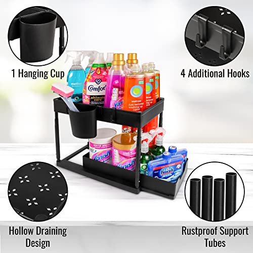 Cutting Ej Under Sink Organizer and Storage - 2 Tier Adjustable Height Kitchen, Bathroom, Pantry Storage & Organization Shelves - Pull Out Under Cabinet Organizer for Kitchen Cleaning Supplies, Black