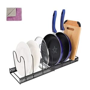 expandable pot rack organizer, pot and pan organizer for cabinet, pot lid organizer with 3 diy methods, pot rack organizer with 7 tiers, pot organizer deep u-shaped design with 1pc cleaning cloth